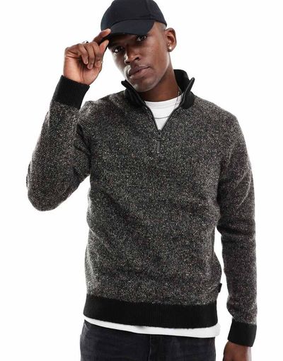 Jack & Jones Jack & Jones half zip knitted sweater with neps in black & beige