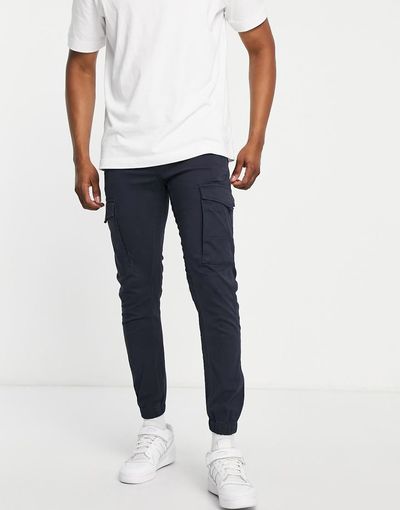 Jack & Jones Jack & Jones Intelligence slim fit cargos with cuff in navy