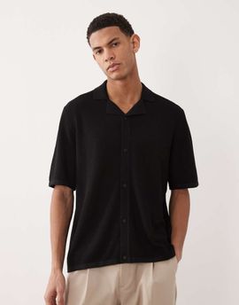 Jack & Jones Jack & Jones knit button up camp collar shirt in black