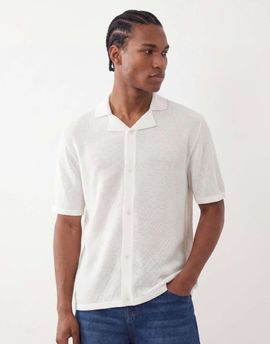 Jack & Jones Jack & Jones knit button up camp collar shirt in cream-White