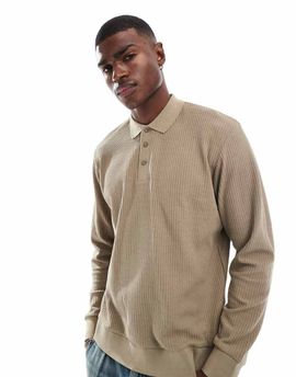 Jack & Jones Jack & Jones knit long sleeve textured polo in beige-Neutral