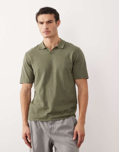 Jack & Jones Jack & Jones open collar knit polo shirt in khaki green