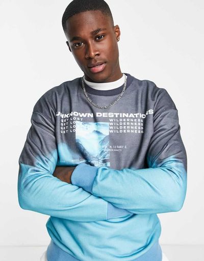 Jack & Jones Jack & Jones Originals oversized sweatshirt with unknown print in blue tie dye-Blues