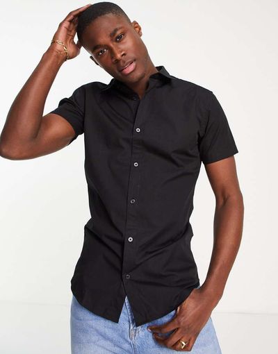 Jack & Jones Jack & Jones Originals short sleeve stretch cotton shirt in navy-Black