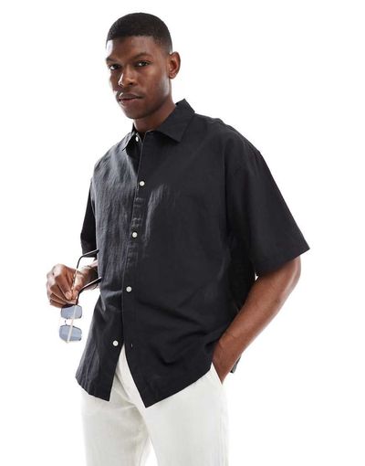 Jack & Jones Jack & Jones oversized linen mix shirt in black