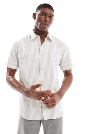 Jack & Jones Jack & Jones oxford stripe short sleeve shirt in beige-Neutral