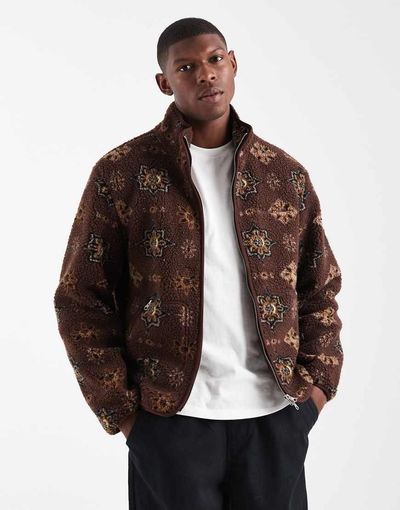 Jack & Jones Jack & Jones printed teddy jacket in burgundy-Red