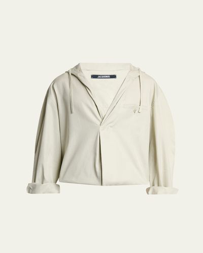 Jacquemus Men's La Blouse Cotton Herringbone Hooded Shirt