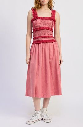 JACQUIE THE LABEL JACQUIE THE LABEL Ada Micro Dot Tiered Ruffle Trim Midi Dress