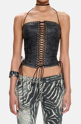 JADED LONDON JADED LONDON Halter Lace-Up Crop Faux Leather Corset Top