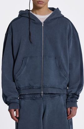 JADED LONDON JADED LONDON Zip Front Denim Wash Distressed Hoodie