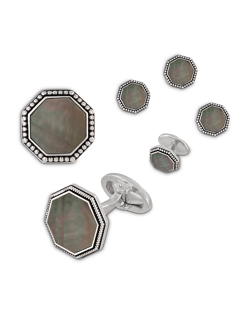 Jan Leslie Jan Leslie Octagon Grey Mother-of-Pearl Antique Border Cufflink & Tuxedo Stud Set