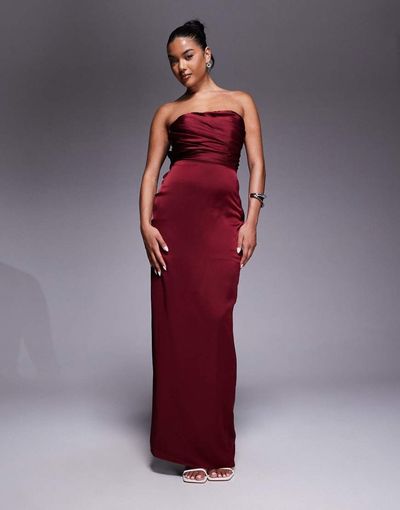 Jarlo Jarlo bandeau satin maxi dress with bow back in burgundy-Red