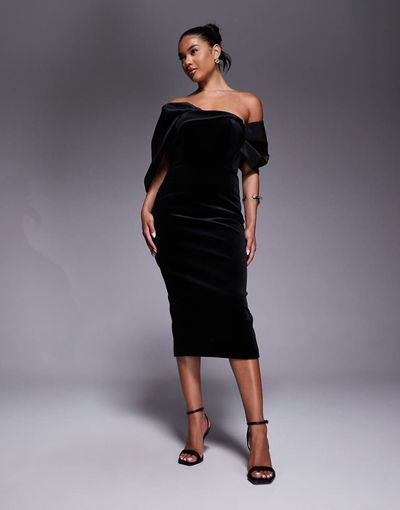 Jarlo Jarlo draped bardot sleeve midi dress in black