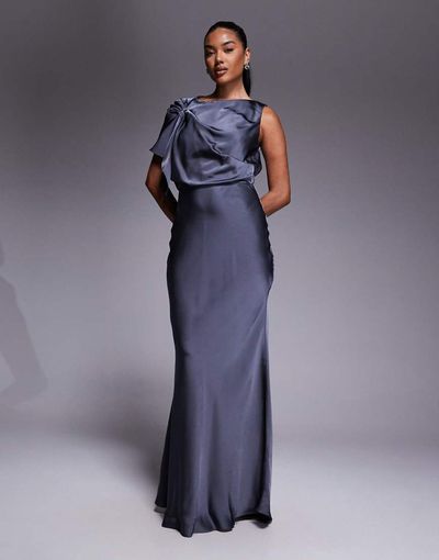 Jarlo Jarlo draped shoulder detail satin maxi dress in gray
