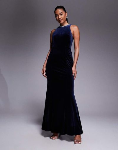 Jarlo Jarlo embellished high neck velvet maxi dress in navy