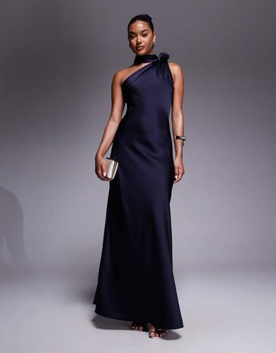 Jarlo Jarlo one shoulder satin maxi dress with corsage neck detail in navy