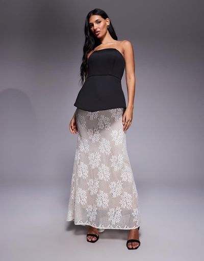 Jarlo Jarlo Pip structured strapless maxi dress with contrast lace skirt in black and white-Multi