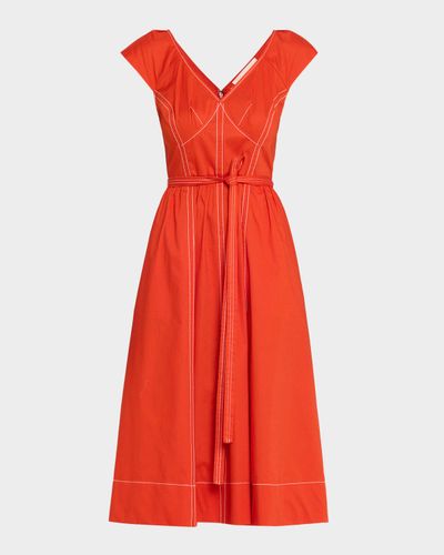 Jason Wu Collection Cap-Sleeve V-Neck Belted Bustier Midi Dress