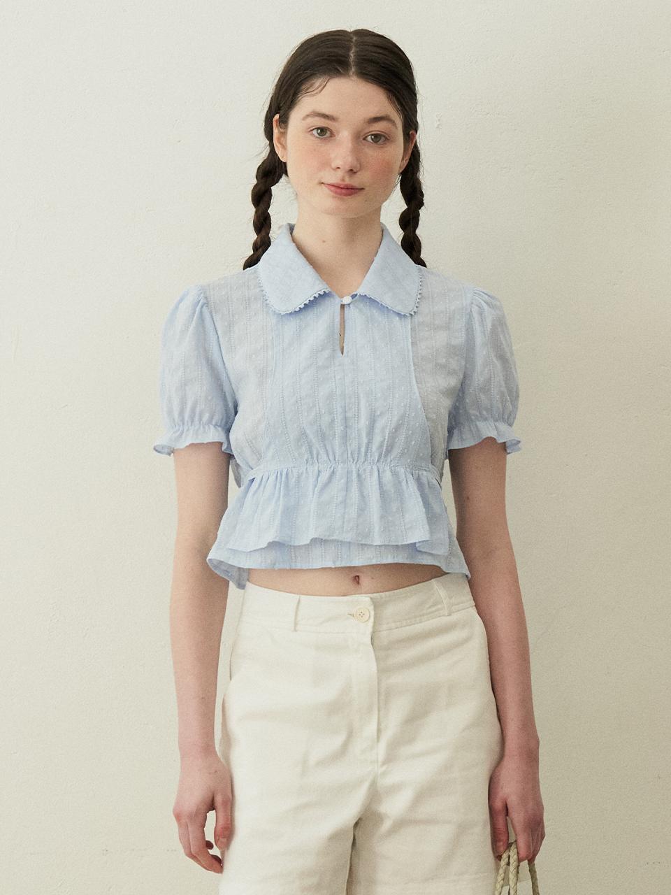 J`ASP Alice Crop Ruffle Blouse (Skyblue)