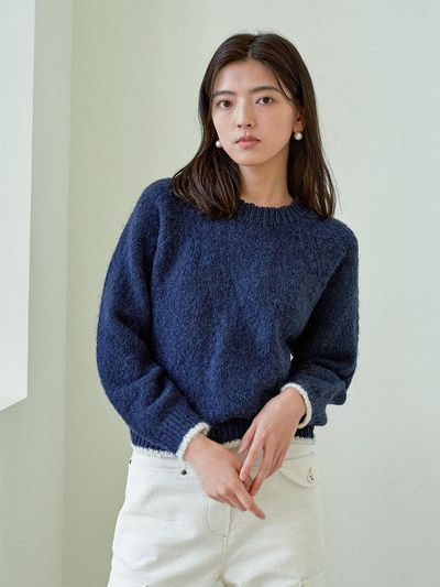 J`ASP Mohair Mix Fluffy Knit (Navy)
