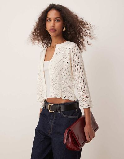 JDY JDY 3/4 sleeve crop broderie cardigan in cream-Neutral