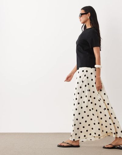 JDY JDY a-line satin maxi skirt in cream polka dots-White