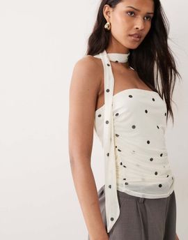 JDY JDY bandeau top with scarf detail in cream polka dots-White