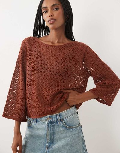 JDY JDY boat neck crochet top in burgundy-Red
