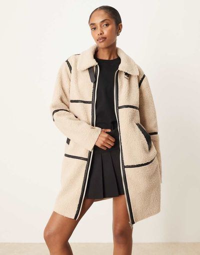JDY JDY borg contrast piping coat in cream-White