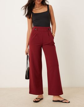 JDY JDY button detail wide leg dad pants in burgundy-Red