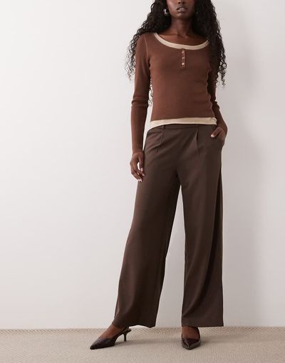 JDY JDY button detail wide leg pants in chocolate brown