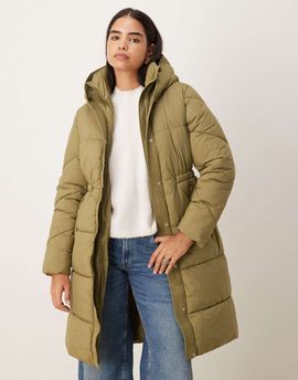 JDY JDY cinched waist longline puffer in green