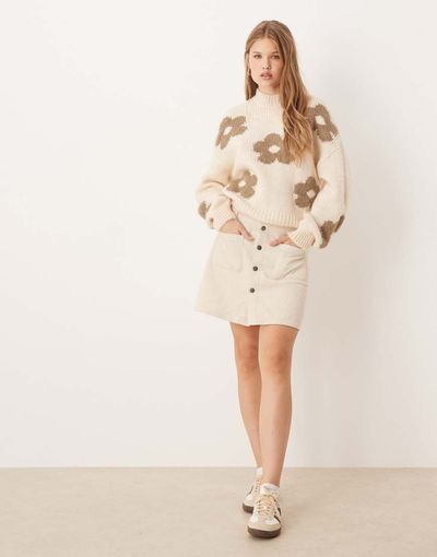 JDY JDY cord button up mini skirt in cream-White