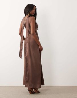 JDY JDY cowl neck satin maxi dress with open back and scarf in brown