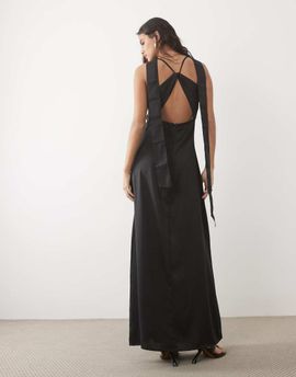 JDY JDY cowl neck satin maxi dress with open back and scarf in charcoal-Black