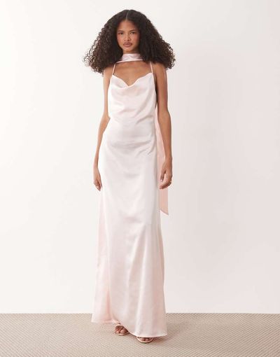 JDY JDY cowl neck satin maxi dress with open back and scarf in light pink