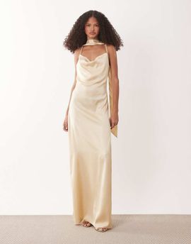 JDY JDY cowl neck satin maxi dress with open back and scarf in pale lemon-Yellow