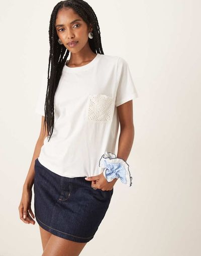 JDY JDY crochet pocket detail T-shirt in white