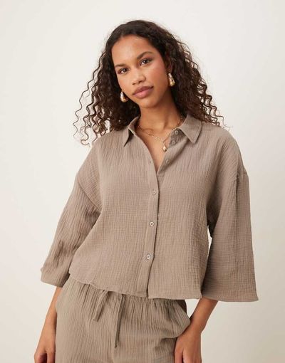 JDY JDY cropped cheesecloth shirt in light brown - part of a set
