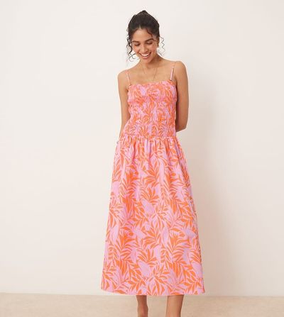 JDY JDY drop waist shirred midaxi dress in pink & orange print