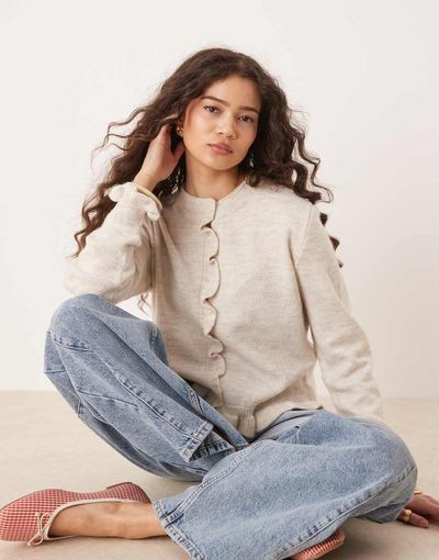 JDY JDY frill details knit cardigan in cream-White