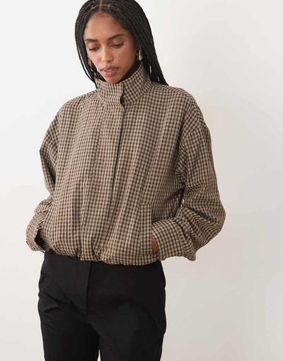 JDY JDY funnel neck bomber jacket in brown gingham