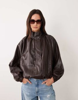 JDY JDY funnel neck faux leather bomber jacket in brown