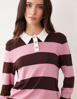 JDY JDY knit polo shirt in dark brown stripes