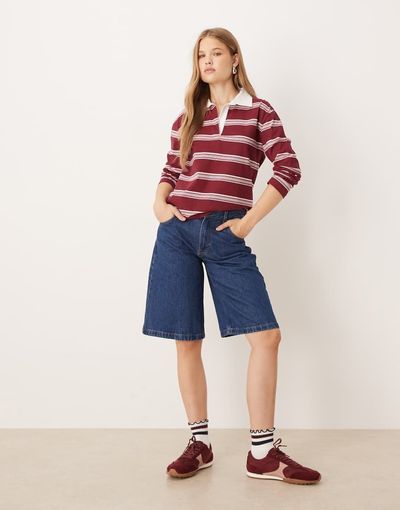 JDY JDY long sleeve polo shirt in burgundy with white stripes-Red