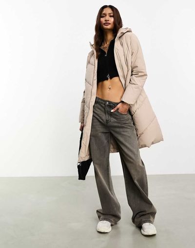 JDY JDY longline padded chevron coat in stone-Neutral