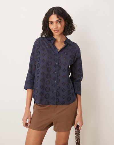 JDY JDY pointelle 3/4 sleeve shirt in dark navy