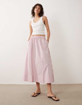 JDY JDY poplin midaxi skirt in pink & burgundy stripe