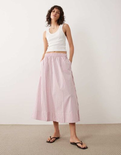 JDY JDY poplin midaxi skirt in pink & burgundy stripe
